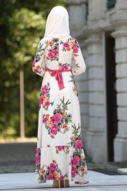 Neva Style - Fırfırlı Çiçek Desenli Bej Tesettür Elbise 7811BEJ - Thumbnail