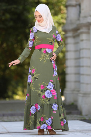 Neva Style - Fırfırlı Çiçek Desenli Haki Tesettür Elbise 7811HK - Thumbnail