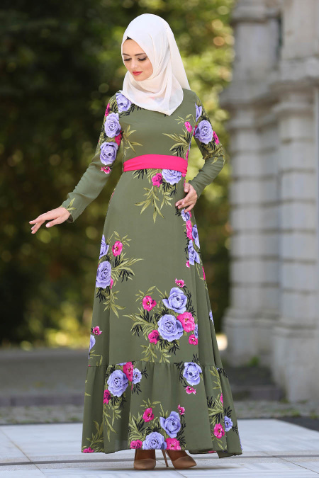 Neva Style - Fırfırlı Çiçek Desenli Haki Tesettür Elbise 7811HK
