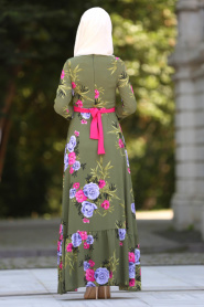 Neva Style - Fırfırlı Çiçek Desenli Haki Tesettür Elbise 7811HK - Thumbnail
