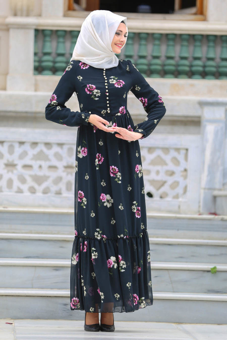 Neva Style - Fırfırlı Çiçek Desenli Siyah Tesettür Elbise 7786S