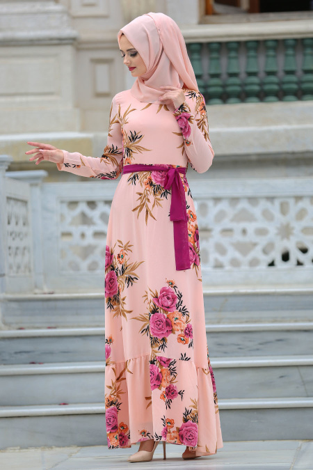 Neva Style - Fırfırlı Çiçek Desenli Somon Tesettür Elbise 7811SMN