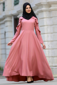 Neva Style - Fırfırlı Gül Kurusu Tesettür Elbise 41820GK - Thumbnail