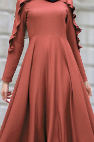Neva Style - Fırfırlı Kahverengi Tesettür Elbise 41820KH - Thumbnail
