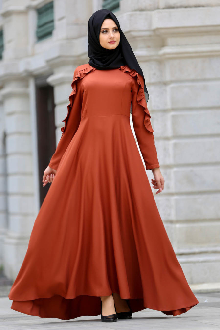 Neva Style - Fırfırlı Kiremit Tesettür Elbise 41820KRMT