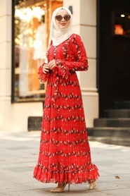 Neva Style - Fırfırlı Kırmızı Tesettür Elbise 1393K - Thumbnail