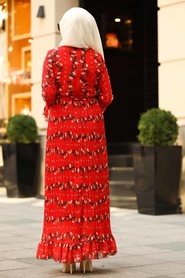 Neva Style - Fırfırlı Kırmızı Tesettür Elbise 1393K - Thumbnail