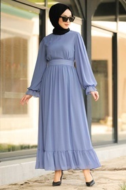 Neva Style - Fırfırlı Lila Tesettür Elbise 1161LILA - Thumbnail