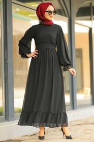 Neva Style - Fırfırlı Siyah Tesettür Elbise 1161S - Thumbnail