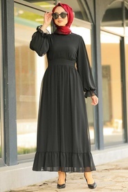 Neva Style - Fırfırlı Siyah Tesettür Elbise 1161S - Thumbnail
