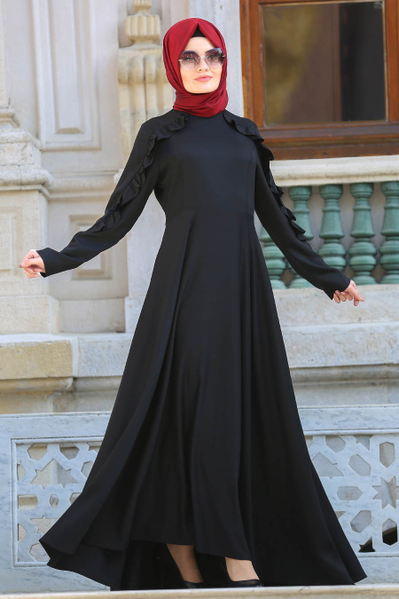 Neva Style - Fırfırlı Siyah Tesettür Elbise 41820S