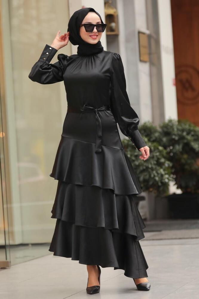 Neva Style - Fırfırlı Siyah Tesettür Elbise 51252S - 1