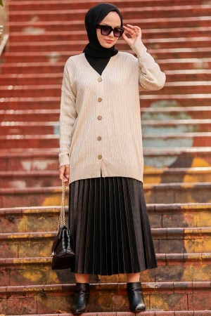 Neva Style -Beige Hijab Knitwear Cardigan 2438BEJ - 1