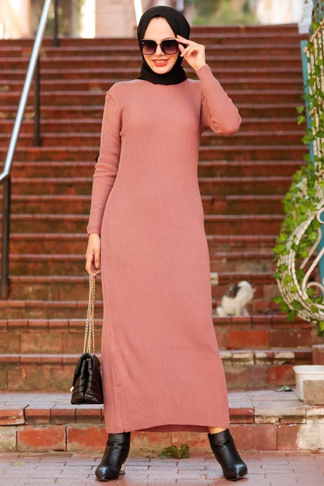 Neva Style - Fitilli Gül Kurusu Tesettür Triko Elbise 78261GK - 2