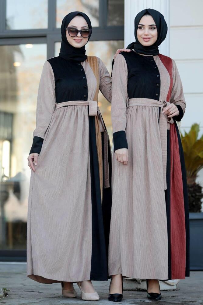 Neva Style - Fitilli Kadife Kiremit Tesettür Elbise 22148KRMT - 2