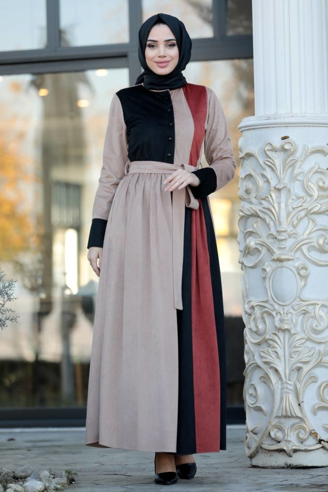 Neva Style - Fitilli Kadife Kiremit Tesettür Elbise 22148KRMT - 1