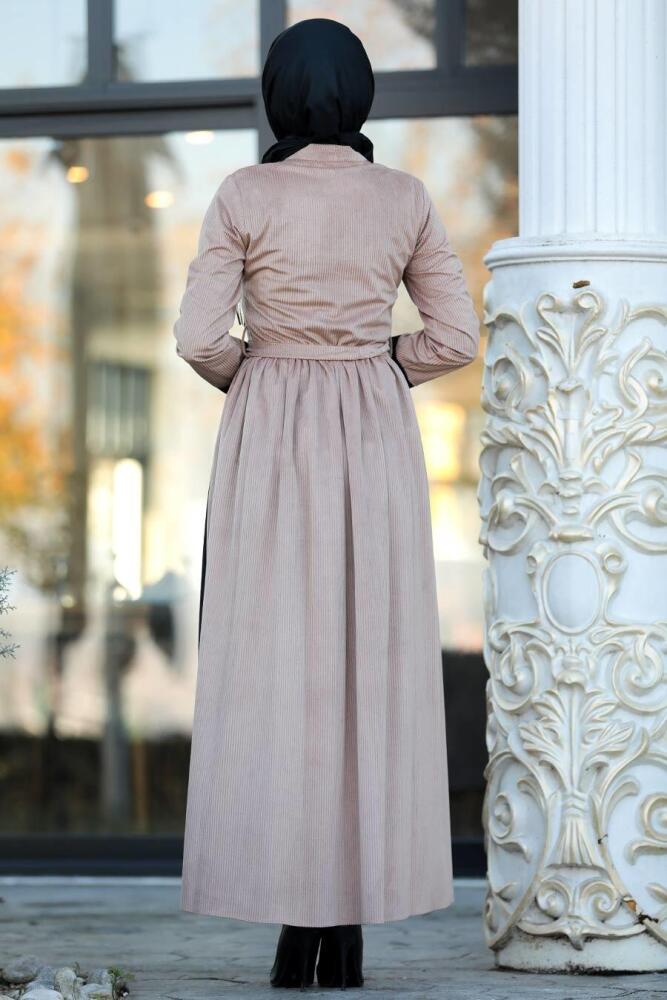 Neva Style - Fitilli Kadife Kiremit Tesettür Elbise 22148KRMT - 3