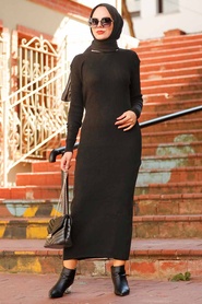 Neva Style - Fitilli Siyah Tesettür Triko Elbise 78261S - Thumbnail