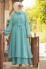 Neva Style - Fiyonklu Mint Tesettür Elbise 5006MINT - Thumbnail
