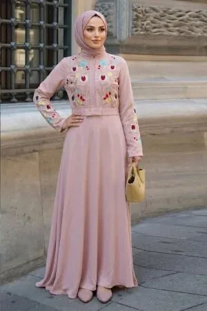 Floral Embellished Powder Pink Modest Dress 7749PD - 1
