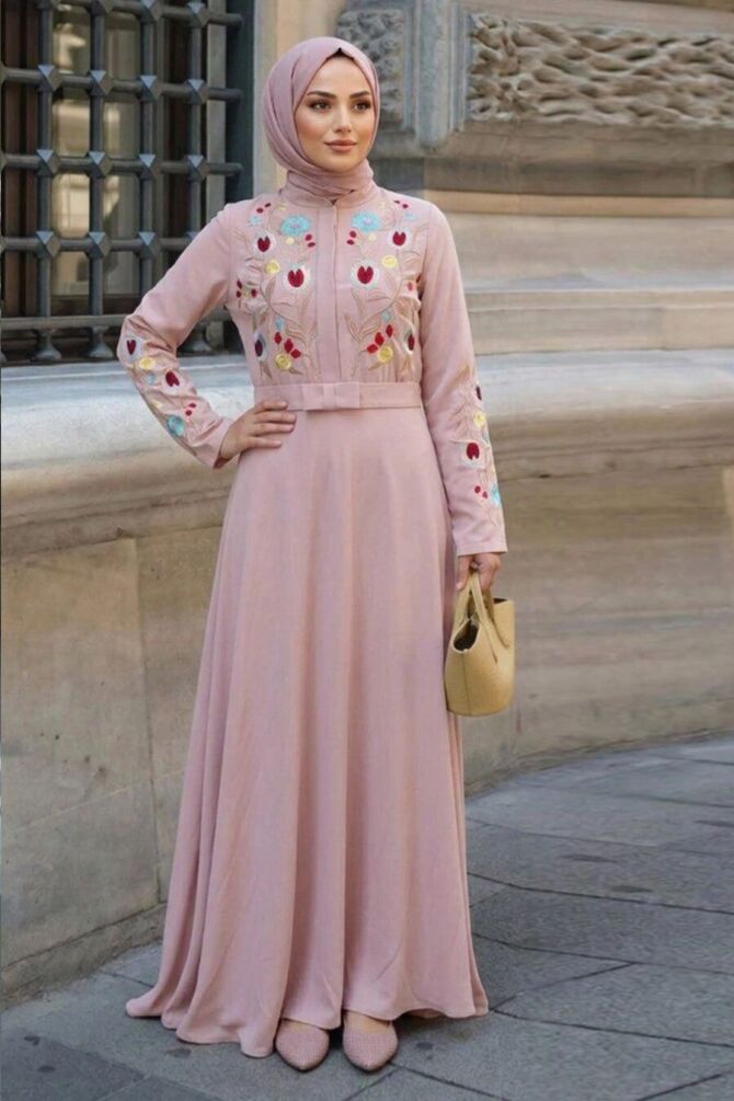 Floral Embellished Powder Pink Modest Dress 7749PD - 1