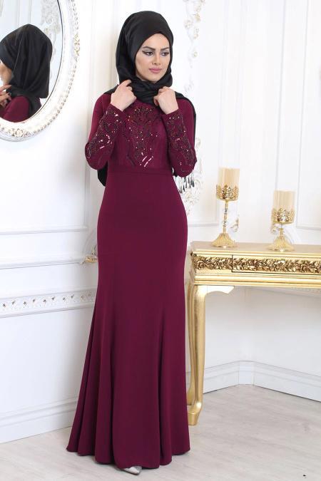 Taş Detaylı Fuşya Tesettür Abiye Elbise 7956F - 2