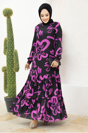 Neva Style - Fuchsia Long Sleeve Dress 12437F - 1