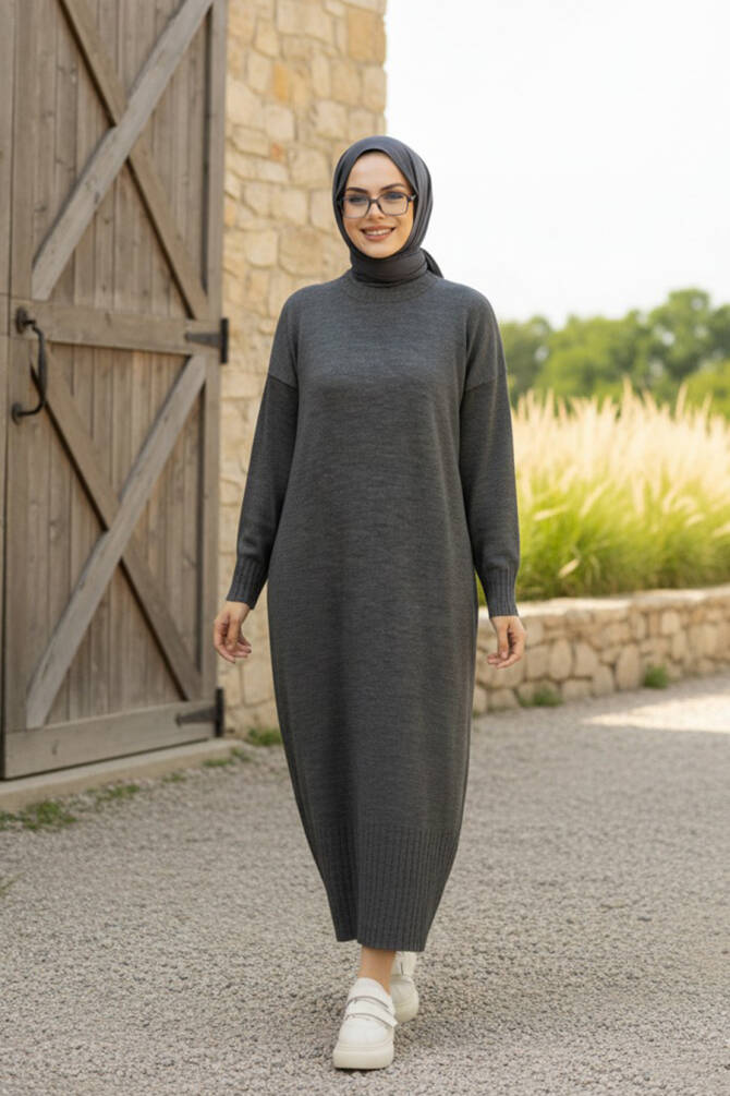  Füme Tesettür Triko Elbise 3409FU - 1