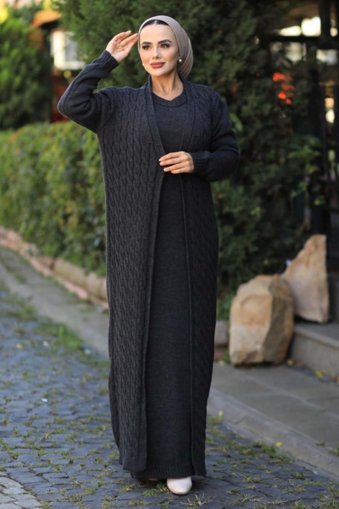 Neva Style - Füme Tesettür Triko İkili Takım 15020FU - 1