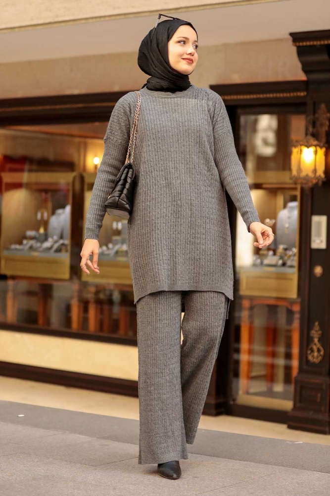 Neva Style - Füme Tesettür Triko İkili Takım 33450FU - 1