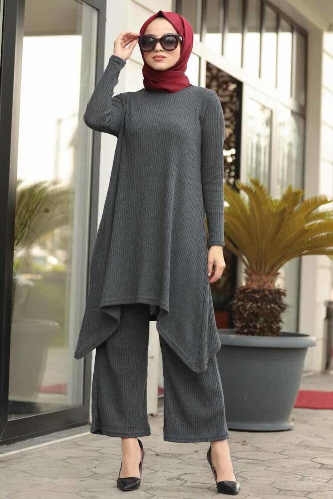Neva Style - Füme Tesettür Triko İkili Takım 948FU - 1
