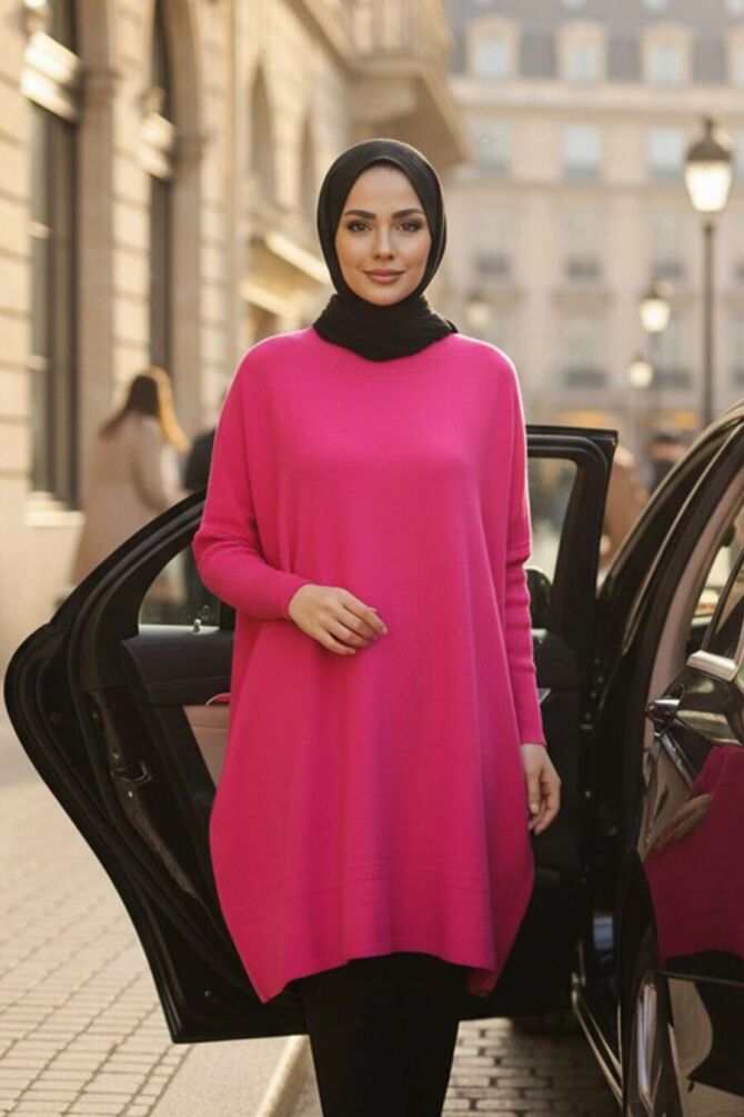  Fuşya Tesettür Triko Panço 3399F - NEVA STYLE