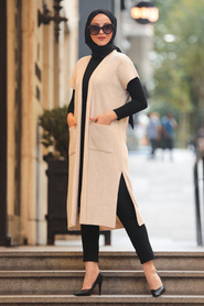 Neva Style - Gilet Tricot Hijab Beige 21920BEJ - Thumbnail