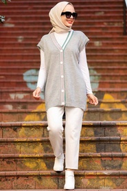 Neva Style - Gilet Tricot Hijab Gris 2492GR - Thumbnail