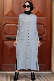 Neva Style -Gilet Tricot Hijab Gris 3324GR - Thumbnail