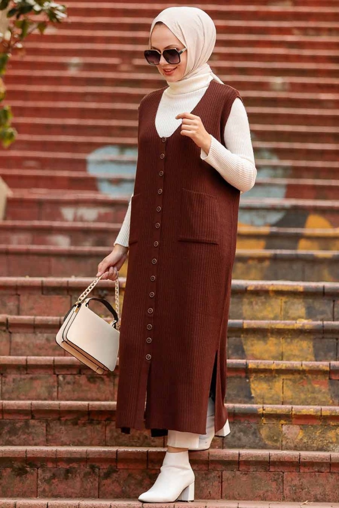 Neva Style - Gilet Tricot Hijab Marron 3324KH - 1