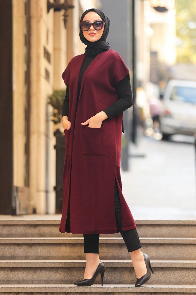 Gilet long en maille à poches – Bordeaux 21920BR - 1