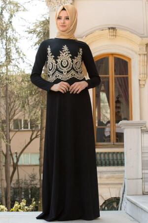 Neva Style - Gold Dantelli Siyah Tesettür Abiye Elbise 10022S - 1