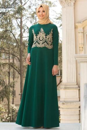 Neva Style - Gold Dantelli Yeşil Tesettür Abiye Elbise 10022Y - 1