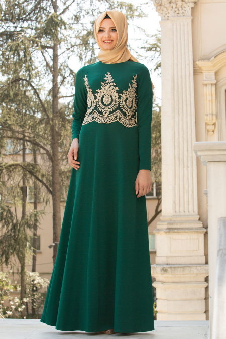 Neva Style - Gold Dantelli Yeşil Tesettür Abiye Elbise 10022Y