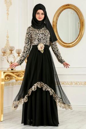 Çiçek Kemerli Gold Tesettür Abiye Elbise 2664GOLD - 1