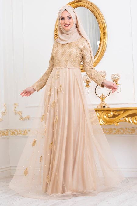 Neva Style Gold Hijab Evening Dress 3122GOLD tesetturisland