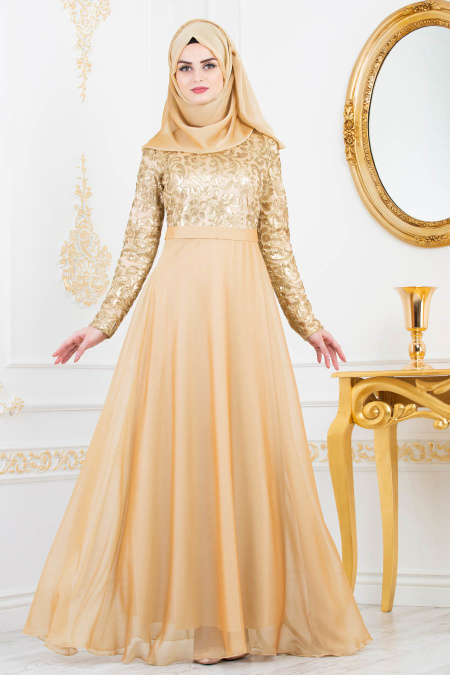 Payet Detaylı Gold Tesettürlü Abiye Elbise 81620GOLD