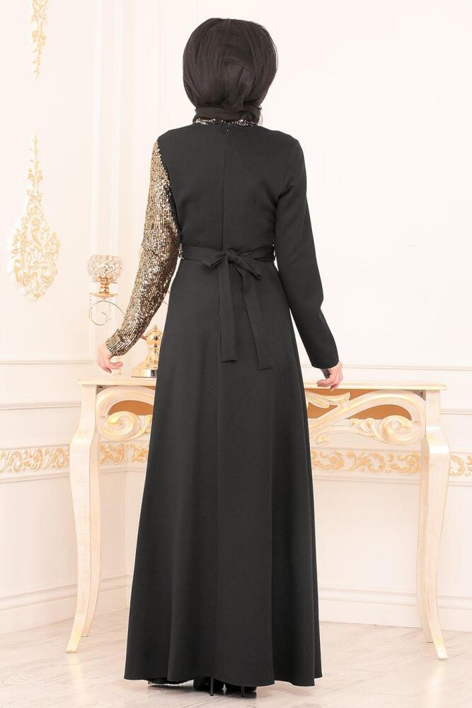 Pul Payetli Gold Tesettür Abiye Elbise 8611GOLD - 3