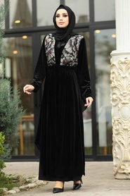 Neva Style - Gold Hijab Velvet Abaya 9143GOLD - Thumbnail