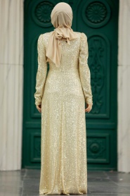 Neva Style - Gold Muslim Long Sleeve Dress 39471GOLD - Thumbnail