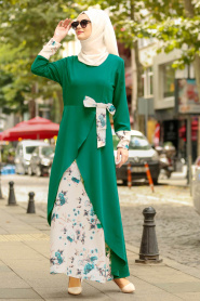 Çiçek Detaylı Yeşil Tesettür Elbise 100386Y - Thumbnail