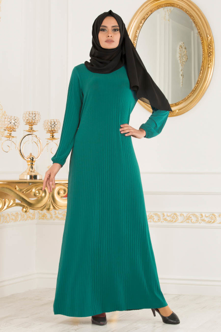 Pliseli Yeşil Tesettür Elbise 22170Y