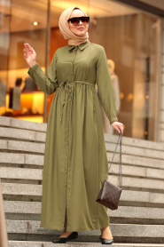 Düğmeli Yeşil Tesettür Elbise 3163Y - Thumbnail