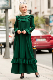 Fırfırlı Yeşil Tesettür Elbise 4015Y - Thumbnail